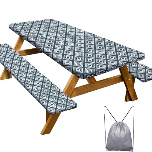 Play Tailor Picnic Table Cover with Bench Covers Camping Essentials Waterproof Windproof Camping Tablecloth with Drawstring Bag, Fitted Rectangle Tables and Seats, 72in, Blue Green Plaid - color: Blue Green Plaid, size: 72in