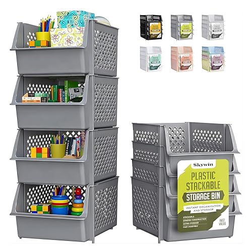 Skywin Stackable Storage Bins Open Front for Pantry Storage, 4 Pack - Grey | Sturdy Plastic, Easy Stacking, Open Front Access, Ventilated Sides, Vertical & Space Saving Pantry Organizers and Storage Bin - color: Grey, size: 4 Pack