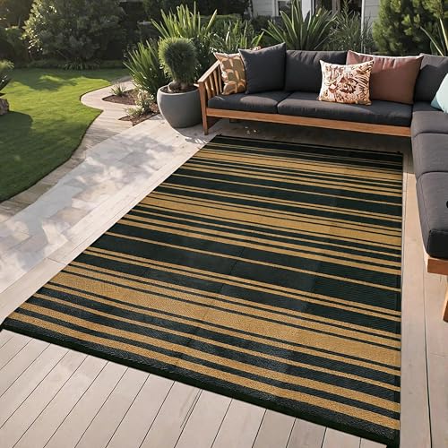 GAOMON 9x12 Modern Striped Reversible Outdoor Rug Waterproof UV-Resistant Portable Outdoor Large Carpet Mat Geometric Lines Plastic Straw Outdoor Rug for Camping Patio Balcony Picnic Black Brown - color: Geometric Stripes| Black Brown, size: 9' x 12' (Rec