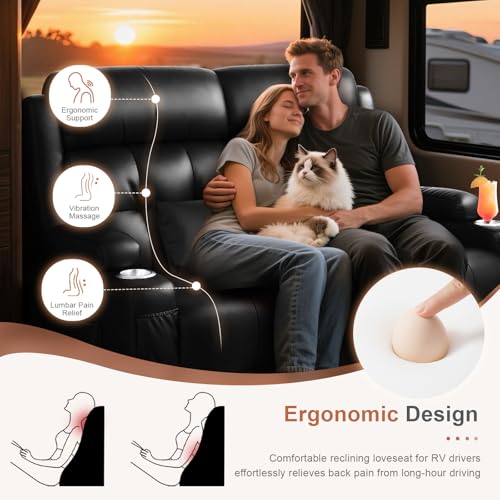 Power RV Loveseat Recliner Sofa, Reclining Loveseats Couch for RV Furniture, Home Theater Seating with Heat Massage, USB, Insert Pockets, Cup Holders, 150° Wall Hugger RV Recliners Sleeper Sofas - color: Black, size: Loveseat-G1-Power