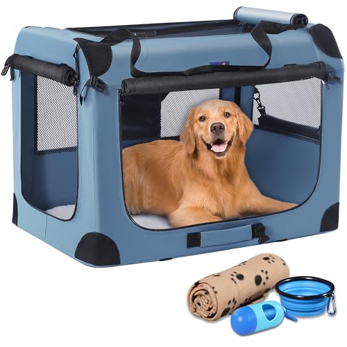 Petprsco Soft Collapsible Dog Crate, 40 inch Portable Dog Crates for Large Dogs, XL Dog Crate for Travel, 3 Door Foldable Pet Kennel with Durable Mesh Windows Indoor & Outside - color: Blue, size: 40.0"L x 27.0"W x 27.0"H