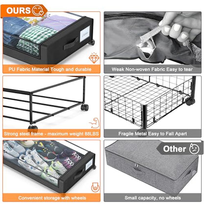 Under Bed Storage with Wheels, 2-Pack Under Bed Storage Containers with Clear Lids, XXL 60L Under the bed storage Organizer Bins, Rolling Under Bed Metal Drawer for Clothes,Shoes,Toys (Black, 2 Pack)