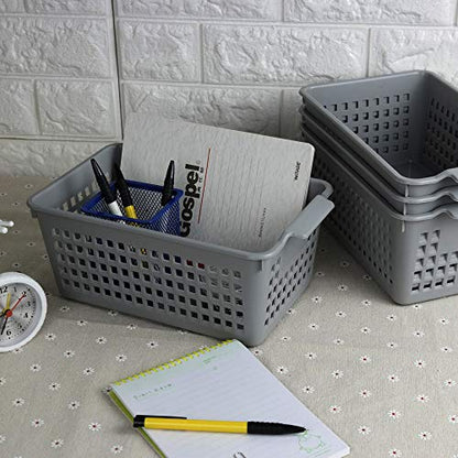 4 Packs Small Plastic Storage Baskets Set, Grey | Desktop Storage Basket Bin - size: shelf baskets