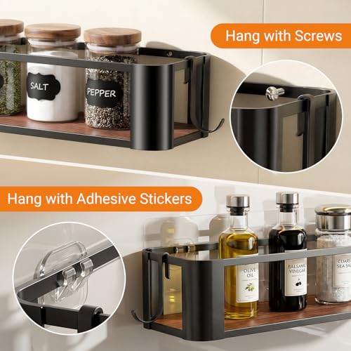 Wall Mounted Spice Rack, Black, 4 Pack | 4 Hooks Included, Screw or Adhesive Installation, For Stove Cabinet Pantry Door, Kitchen and RV Use - size: 4 pack