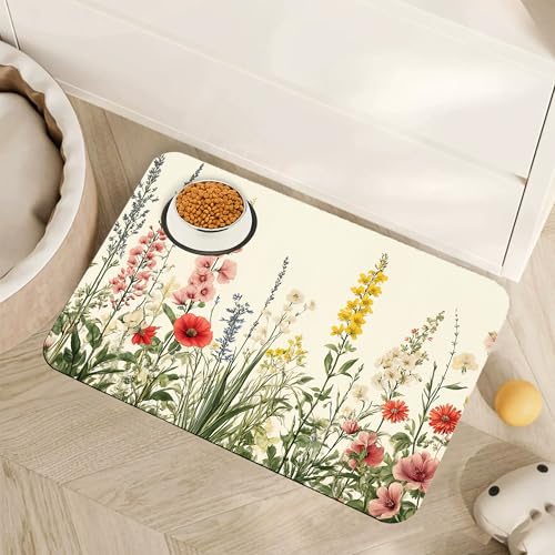 Vintage Flower Botanical Garden Dog Cat Food Mat,Absorbent Pet Feeding Mat for Food and Water,Non-Slip Dog Bowl Mats Floor Protector 12"x20" - color: Vintage Flower Botanical Garden, size: 12"×20"