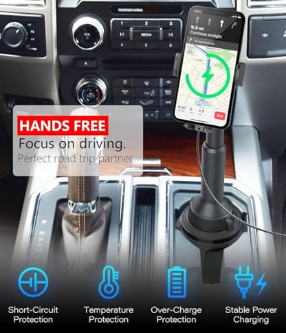 APPS2Car Cup Holder Phone Mount Wireless Car Charger, 15W Qi Fast Charging Car Mount, Adjustable Long Arm & 360° Rotation, Fits 3"–4" Round Cup Holders Compatible with All Smart Phones