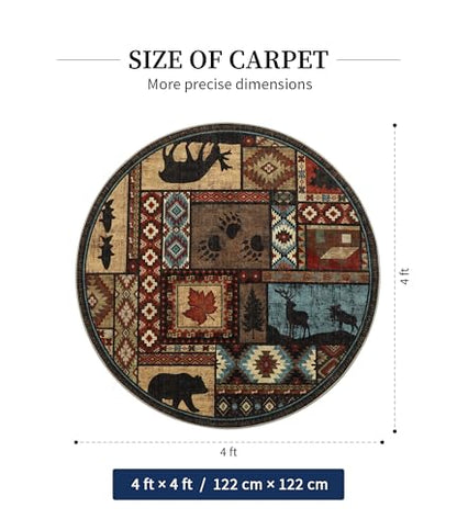 YIHOUSE Rustic Round Rug 4ft, Washable Circle Rug with Non-Slip Backing, Low Pile Soft Western Cabin Rugs for Living Room, Bedroom - color: Brown, size: 4' (Round)