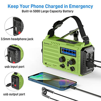 NOAA Weather Radio, Emergency Hand Crank Radio with Solar Charger, Portable Battery Operated AM FM Shortwave Radio with LED Flashlight, USB Charger, Earbud Jack, SOS Alert for Home Survival Hurricane - color: Green