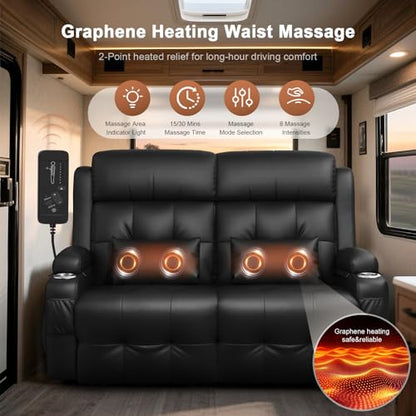 Power RV Loveseat Recliner Sofa, Reclining Loveseats Couch for RV Furniture, Home Theater Seating with Heat Massage, USB, Insert Pockets, Cup Holders, 150° Wall Hugger RV Recliners Sleeper Sofas - color: Black, size: Loveseat-G1-Power