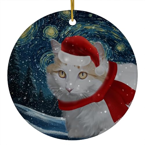 Funny Starry Christmas Night 2026 Bicolor Turkish Van Cat Santa Hat Ornament Circle Ceramic Holiday Xmas Tree Hanging Decor Keepsake Gifts for Turkish Van Cat Lovers