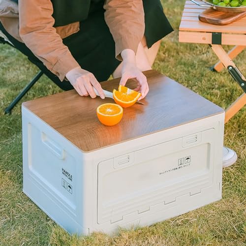 Foldable Closet Box Car Storage Container Camping Folding Storage Box Wood Lid Camping Storage Bin - color: White-50L