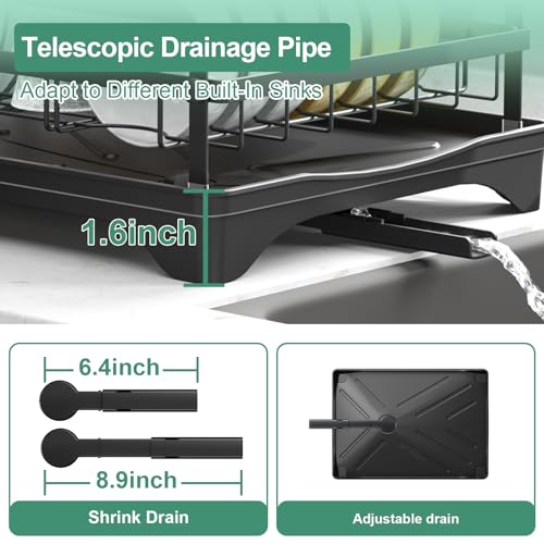 Dish Drying Rack for Kitchen Counter, Large Dish Drying Rack with Utensil Holder & Cutlery Tray, Dish Drainer with Drainboard, Black - color: 1 Tier - Black