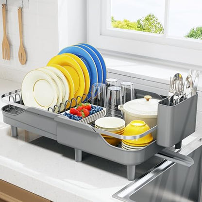 Urackify Dish Drying Rack for Kitchen Counter, Expandable Stainless Steel Dish Racks with Adjustable Water Spout, Space Saving Dish Drainer with Cutlery Holder,16.14"-23.62" L x 12.99" x 8.78",Grey - color: Gray
