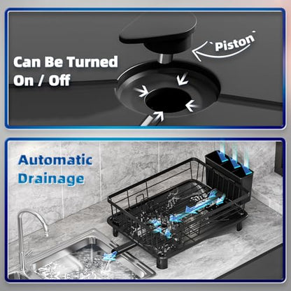 GAOKASE Dish Drying Rack, Stainless Steel-Dish Rack, Dish Racks for Kitchen Counter, Kitchen Dish Drainers with Removable Utensil Holder,New Drain Outlet,Plate Rack and Drainboard,Black - color: Black
