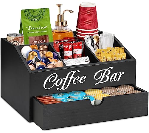 Coffee Bar Organizer Countertop, Wooden Bar Accessories With Drawer, Coffee Station Organizer Pods Holder Storage Basket, Farmhouse Tea Condiment Station - color: Black1