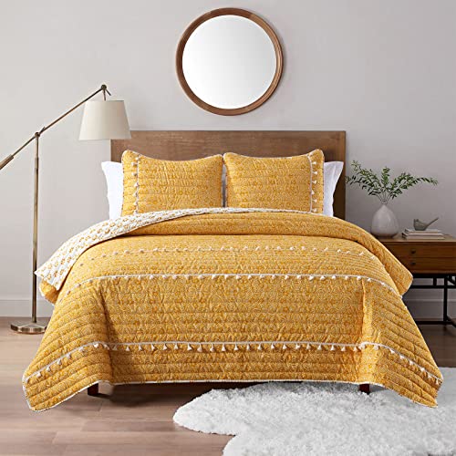 HORIMOTE HOME Boho Style Yellow Twin Quilt Set with Tassle, Soft and Lightweight Bedspread for All Season, Twin Size Bed Coverlet with 1 Matching Pillow Sham (2 Pieces) - color: Yellow, size: Twin