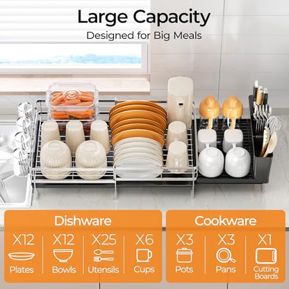 Delamu Stainless Steel Dish Drying Rack, Expandable Dish Drainer, Anti-Rust Large Dish Racks for Kitchen Counter, Dish Strainers with Drainboard, Utensil & Cup Holder, 13.4"-28.7" L x 11.8" W, Silver - color: Silver