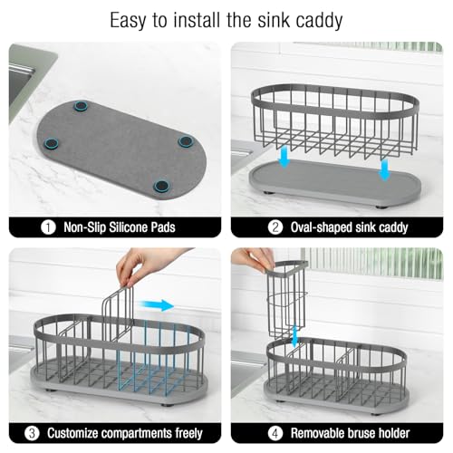 Sponge Holder for Kitchen Sink with High Brush Holder, [Stay-Dry Anywhere & No Drainage Needed] Rustproof Stainless Steel Kitchen Sink Caddy Organizer with Water Absorbing Stone Tray, Grey - color: Grey