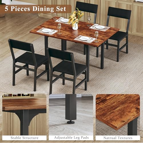 HUAHUU Dining Table Set for 4, Extendable Kitchen Table Cushion Chairs Set of 4, Rectangle Dining Table with Metal Frame & MDF Board, Folding for Small Apartment Saving Space, Rustic Brown - color: Rustic
