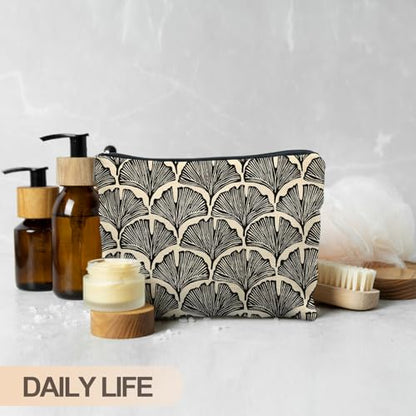 Abstract Black and Beige Makeup Bag, Art Deco Feather Palm Botanical Cosmetic Bags for Women, Mid Century Modern Art Zipper Makeup Pouch - color: Ginkgo biloba leaves