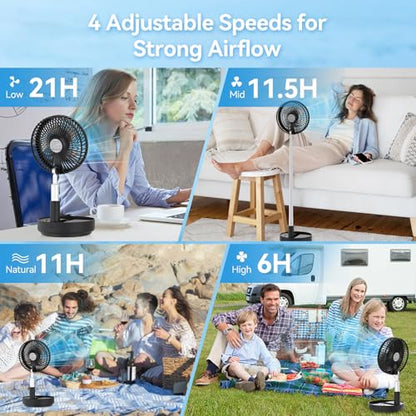Portable Oscillating Rechargeable Fan, Battery Operated with 4 Speed Settings & Remote Control, Desk Travel Fan for Sleeping, Camping, Cruise, RV - Black 8" USB C - color: Black-7200mAh