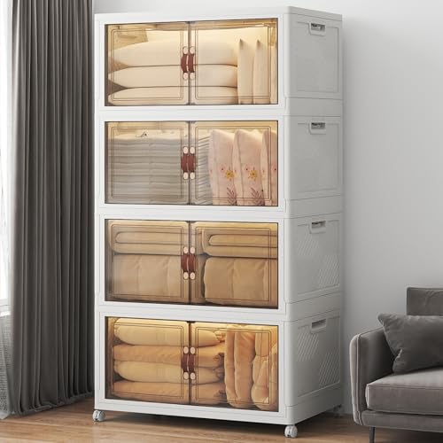 UAMFURI Stackable Storage Bins with Lids, 720QT Closet Organizers, Lockable Storage Cabinet，Foldable Storage Box with Doors and Wheels, Plastic Drawers for Home, Garage, Office (4, White, Extra Large) - color: White, size: Extra Large