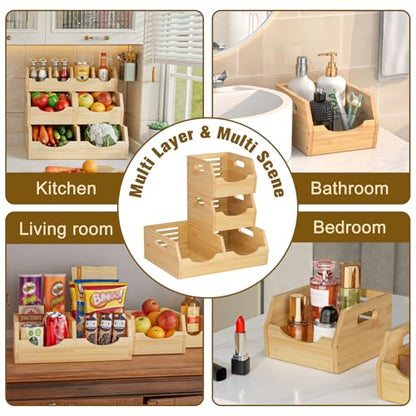 3-Tier Bamboo Storage Bins, Modular Potato & Onion w/ Spices | 4-pc bamboo set: 1 spice tray, 3 veggie baskets. Ventilated. Great for counters, bathrooms, living rooms.
