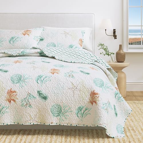 Great Bay Home Coastal Quilt Set - 3-Piece Full/Queen Size Nautical Bedding Set - Lightweight, All-Season, Reversible Bedspread (Coral Reef) - color: Coral Reef, size: Full / Queen