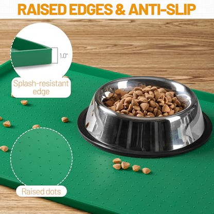 Hubulk Dog Feeding Mat,100% Waterproof Food Grade Silicone Pet Food and Water Bowl Placemat,Dishwasher, High Raised Edge to Prevent Spills,Nonslip Tray to Stop Messes on Floor（28"x18"x0.8",Hunter ） - color: Hunter green, size: 28"l X 18"w
