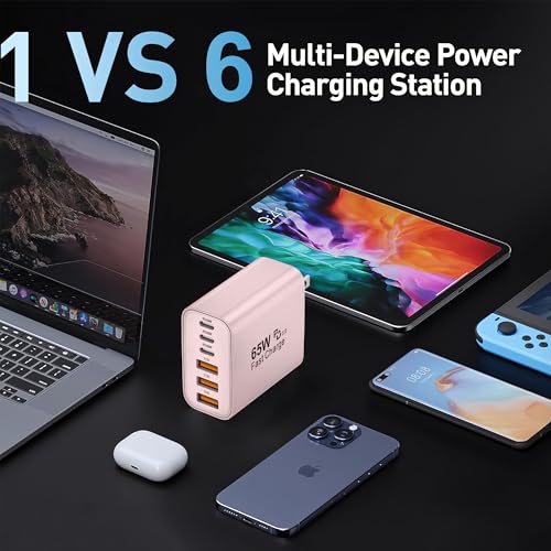 65W USB C Charger Block,6-Port Multi Device Fast Charger PD QC Wall Adapter | GaN technology saves space and reduces heat,ideal for home,office,travel,wide compatibility for iphone and USBC devices（Pink - color: Pink