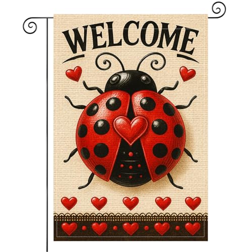 BlissYard Spring Welcome Ladybug Garden Flag 12x18 Inch Double Sided Cute Ladybug Flowers Burlap Garden Flag Rustic Farmhouse Yard Outdoor Small Banner for Porch Patio Lawn Spring Summer Decoration - color: Welcome Ladybug Garden Flag