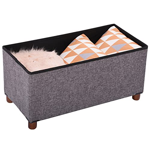 30 Inches Storage Ottoman Bench, Rect Grey, Modern, Classic Style, Linen Fabric, Walnut Wood Legs - color: Rect Grey