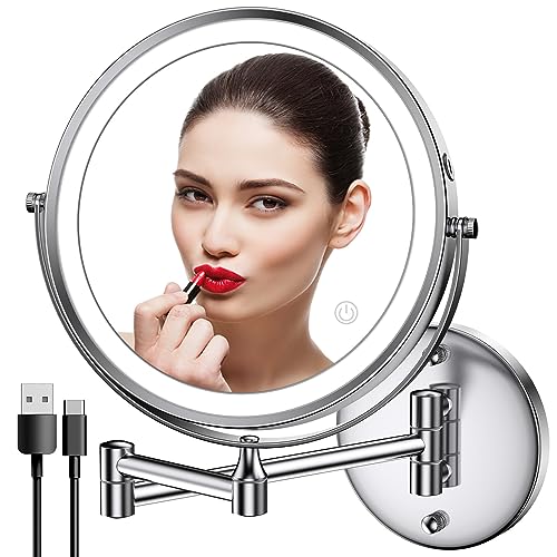 Rocollos Rechargeable Wall Mounted Lighted Makeup Mirror, 8 Inch Double-Sided LED Vanity Mirror 1X/7X Magnification,3 Color Lights Touch Screen Dimmable 360°Swivel 13 Inch Extendable - color: 8 Inch 7x Chrome
