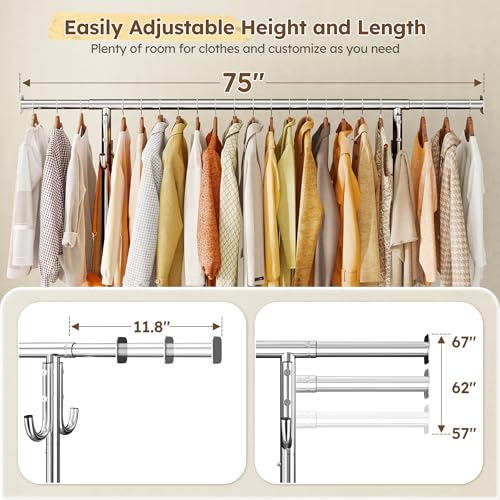 Raybee Clothes Rack, Room Organize Home Storage, 75" W & 4 Extra Hooks | 450LBS Capacity, Stainless Steel, Extendable Hanging Rod, 360° Lockable Wheels, Height Adjustable, 15-Min Tool-free Assembly - color: Chrome, style: Rod Shelf