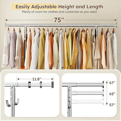 Raybee Clothes Rack, Room Organize Home Storage, 75" W & 4 Extra Hooks | 450LBS Capacity, Stainless Steel, Extendable Hanging Rod, 360° Lockable Wheels, Height Adjustable, 15-Min Tool-free Assembly - color: Chrome, style: Rod Shelf