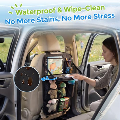 Tsumbay Backseat Car Organizer with Foldable Tray, 9 Pockets, Kick Mat Seat Protector, 18KG Capacity, Waterproof Oxford Fabric for Kids, Family Travel - for Car, SUV, Van (Oxford-2Pck)