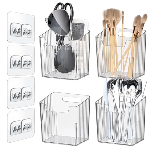 4 Pack Wall Organizers and Storage - Clear Acrylic Cabinet Door Organizer Bins, Adhesive Remote Control Holder, Space-Saving Stackable Wall Storage for Bathroom, Kitchen, Pantry, RV, Dorm, Office - color: Clear-4pcs