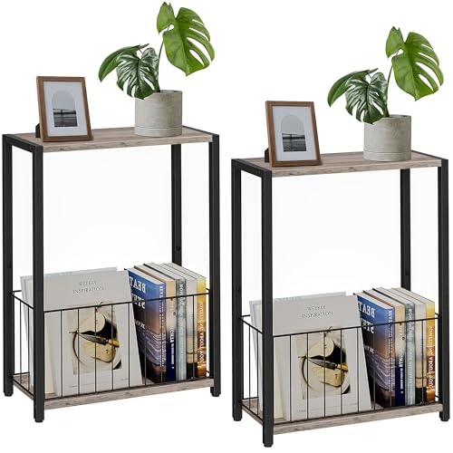 Homleke Narrow Side Tables Set of 2 with Magazine Holder, Skinny End Tables Perfect for Small Spaces, Space-Saving Design for Living Room, Bedroom, or Office, 7.1" D x 16.9" W x 23.6" H, Greige - color: Greige - Standard