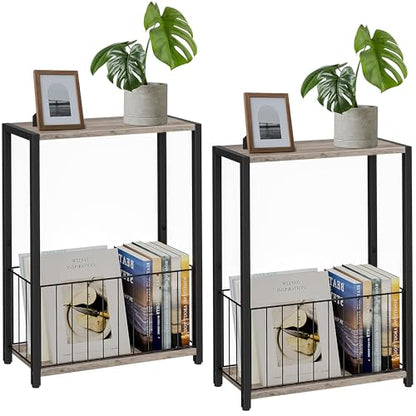 Homleke Narrow Side Tables Set of 2 with Magazine Holder, Skinny End Tables Perfect for Small Spaces, Space-Saving Design for Living Room, Bedroom, or Office, 7.1" D x 16.9" W x 23.6" H, Greige - color: Greige - Standard