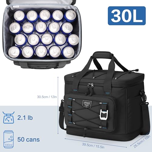 Large Insulated Cooler Bag, 50 Can Soft Sided Collapsible Ice Chest for Camping, Travel, Grocery, Kayaking & Beach (Waterproof, Leak-Proof, 30L) - color: Black