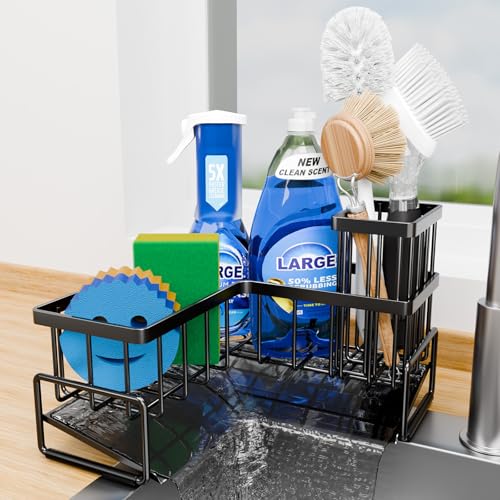 Fikoksol Large Sponge Holder for Kitchen Sink, 90-Degree Sink Caddy Organizer with Dish Brush Holder for Countertop Corner Storage Rack, Metal L-Shaped Kitchen Sink Sponge Soap Organizer Storage Ideas - color: Black