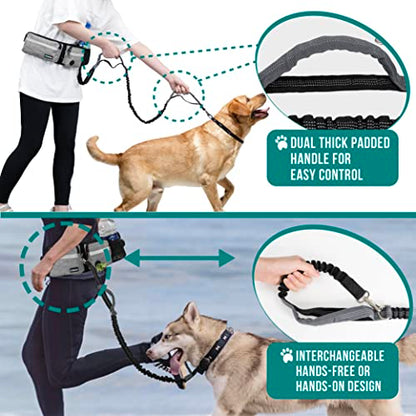 PetAmi Hands Free Dog Leash Belt Bag for Walking, Jogging - Double Zipper Pouch with Poop Bag Dispenser, Dual Padded Handles Reflective Bungee Leash, Single (Heather Grey) - color: Heather Grey, size: 1 Leash