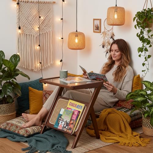 Tiita Rattan Side Table, Mid Century Nightstand, Bamboo Accent Bedside Tables, Glass Coffee Tables, Boho Wooden End Table with Storage for Small Space, Living Room and Bedroom - color: Rattan-l-brown