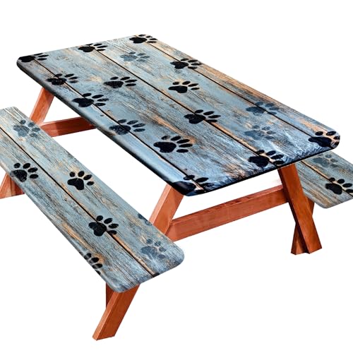 Picnic Table Cover with Bench Covers 72IN 6FT, Camping Essentials Tablecloth Waterproof Oilproof with elastic Edge for Indoor Outdoor Patio (Blue Wood Grain Paw) - color: Wood Grain Dog Paws