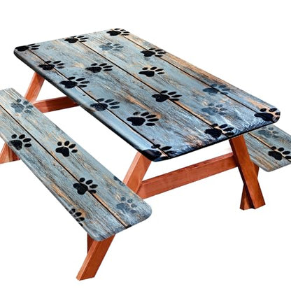 Picnic Table Cover with Bench Covers 72IN 6FT, Camping Essentials Tablecloth Waterproof Oilproof with elastic Edge for Indoor Outdoor Patio (Blue Wood Grain Paw) - color: Wood Grain Dog Paws