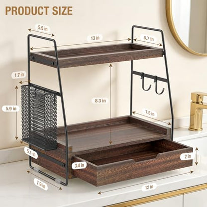 2-Tier Bathroom Counter Organizer with Drawer and Removable Basket, Wood Vanity Countertop Storage for Perfume, Makeup, Skincare, Bathroom Counter Shelf, 13" x 7.9" x 14.5", Dark Brown - color: Dark Brown