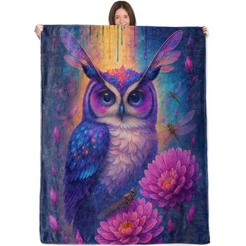 Colorful Owl Blanket,50x60in,Cozy Flannel Throw with Fantasy Bird Dragonfly Wing Flower Rainbow Design,Soft Lightweight Gifts Blankets for Women,Sofa Bed Travel Living Room Farmhouse Decor - color: Owl 02, size: 60"x50"