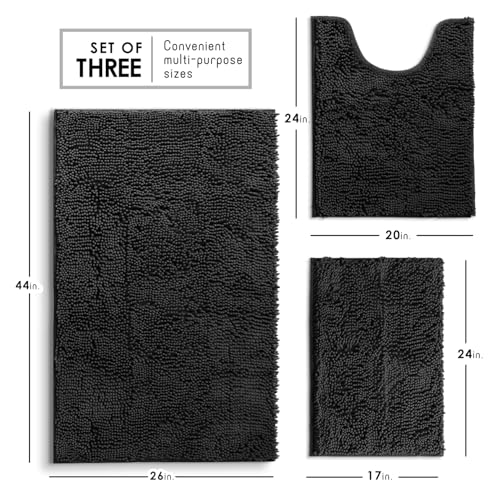 Hearth & Harbor Bathroom Rugs, Chenille Bath Mat - Machine Washable Bath Mats for Bathroom Non-Slip Backing Rubber, Quick Dry Mat - Black Bath Rug, 17x24-26x44-20x24 - color: Black, style: 17x24 / 26x44 / 20x24