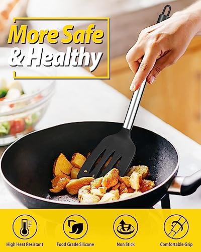Pack of 2 Silicone Solid Turner, Non Stick Slotted Kitchen Spatulas, High Heat Resistant BPA Free Cooking Utensils, Ideal Cookware for Fish, Eggs, Pancakes(Black-White) - color: Black-White