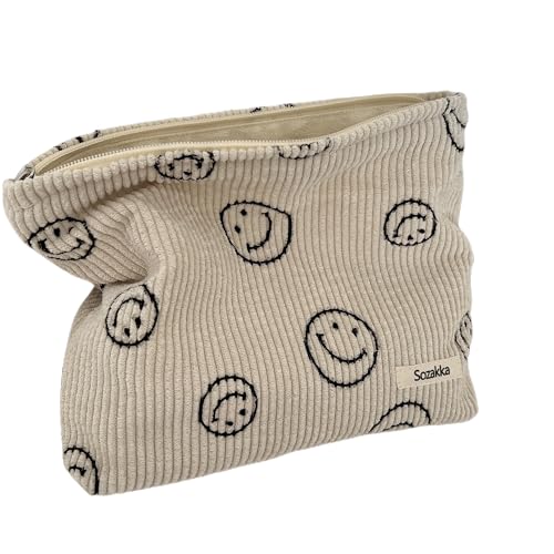 Cosmetic Bags for Women - Corduroy Cosmetic Bag Aesthetic Women Handbags Purses Smile Dots Makeup Organizer Storage Makeup Bag Girls Case Bags (A-Beige) - color: A-Beige